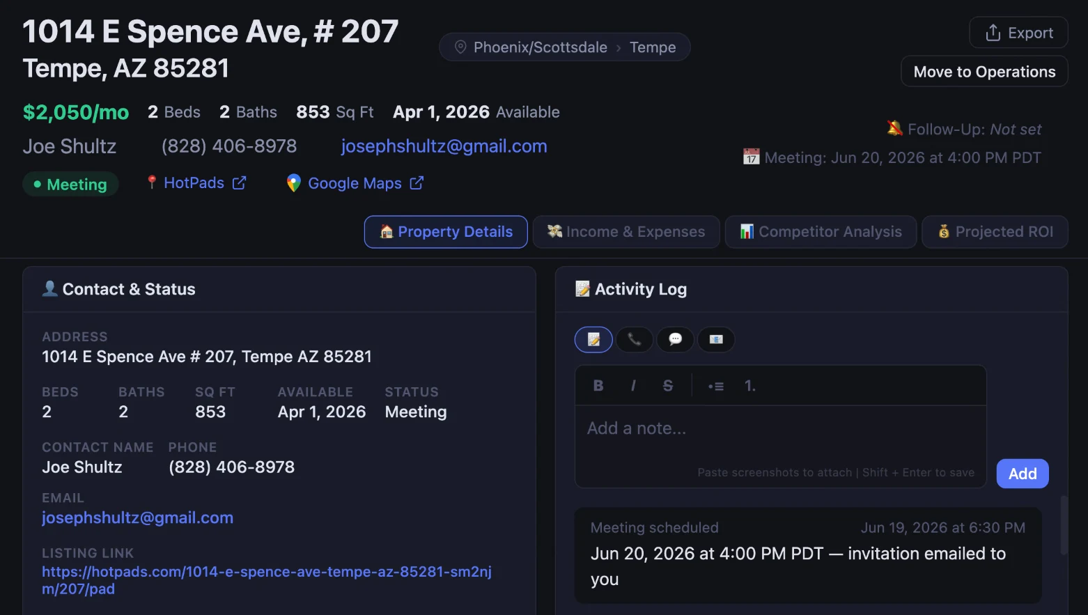 RentingRadar property profile with details, contacts, status, and a rich activity log