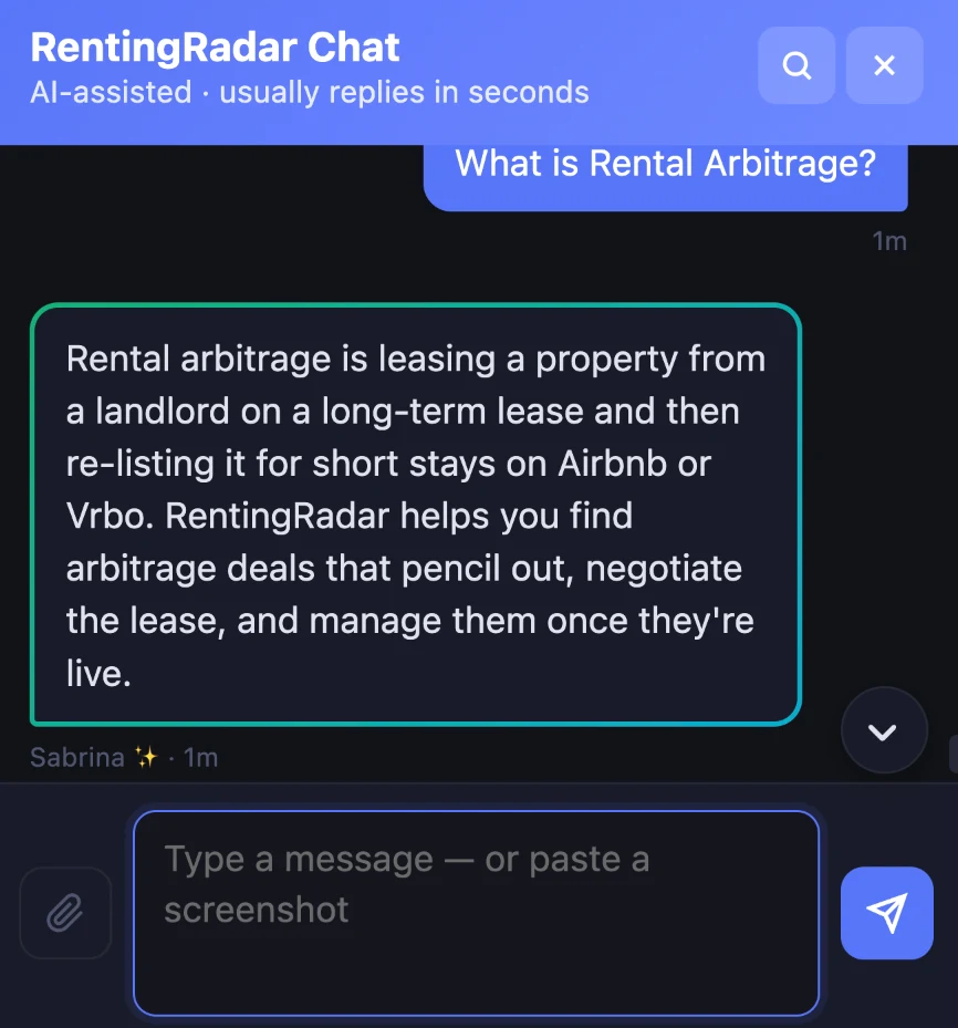 Sabrina, RentingRadar's AI rental arbitrage chat expert, answering a question about rental arbitrage
